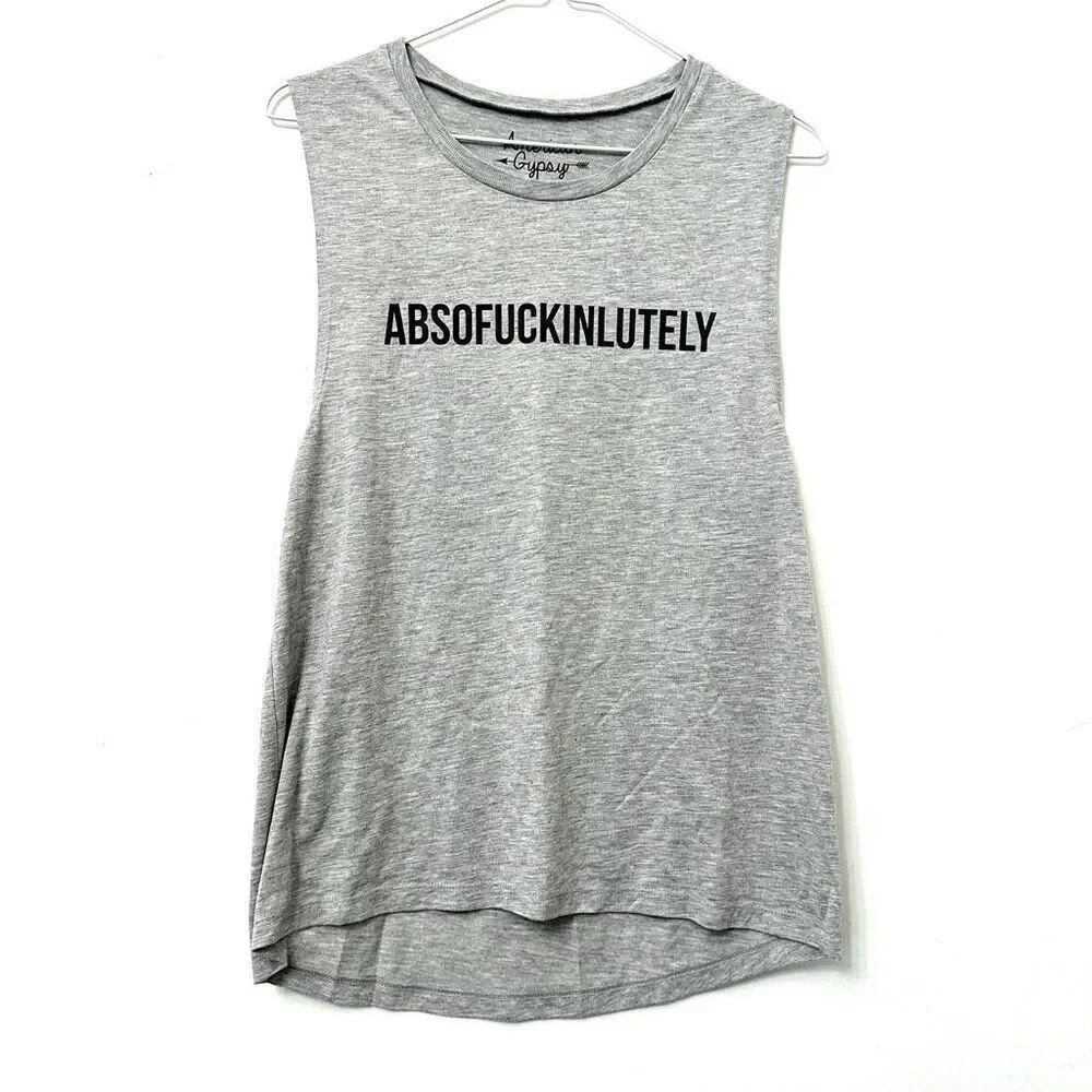 American Gypsy Absofuckinlutely Graphic Gray Tank Top Large